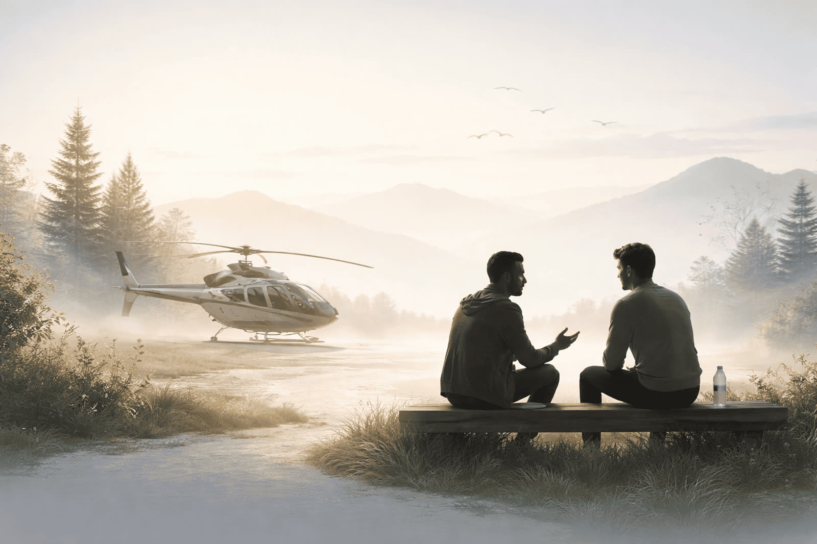 Helicóptero pousado num campo com neblina; dois homens conversam sentados num banco